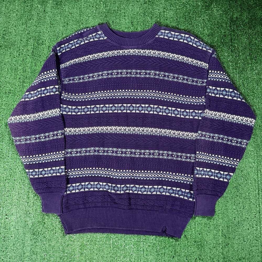 Vintage Purple Fair Isle Knit Sweater Geometric Pattern Crew Neck Large